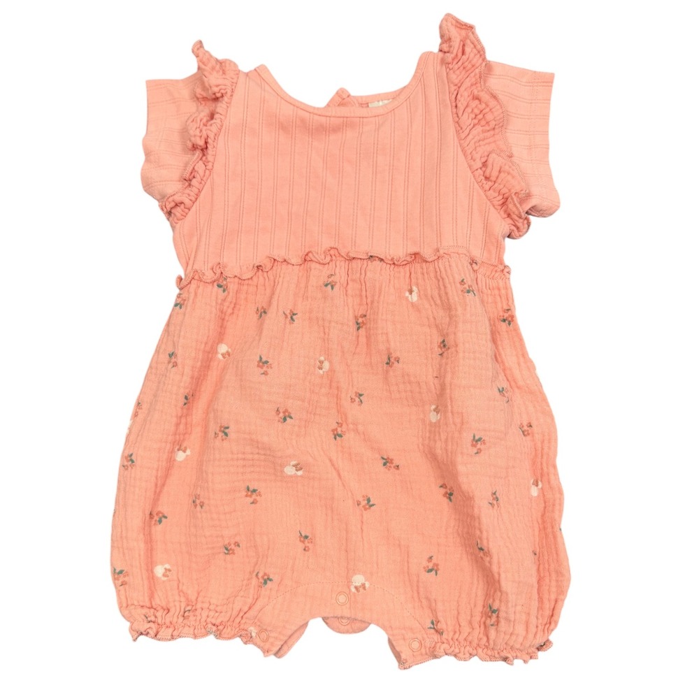 Disney Baby Romper Girl 12M Peach Cotton Gauze Minnie Mouse Floral Ruffle Summer